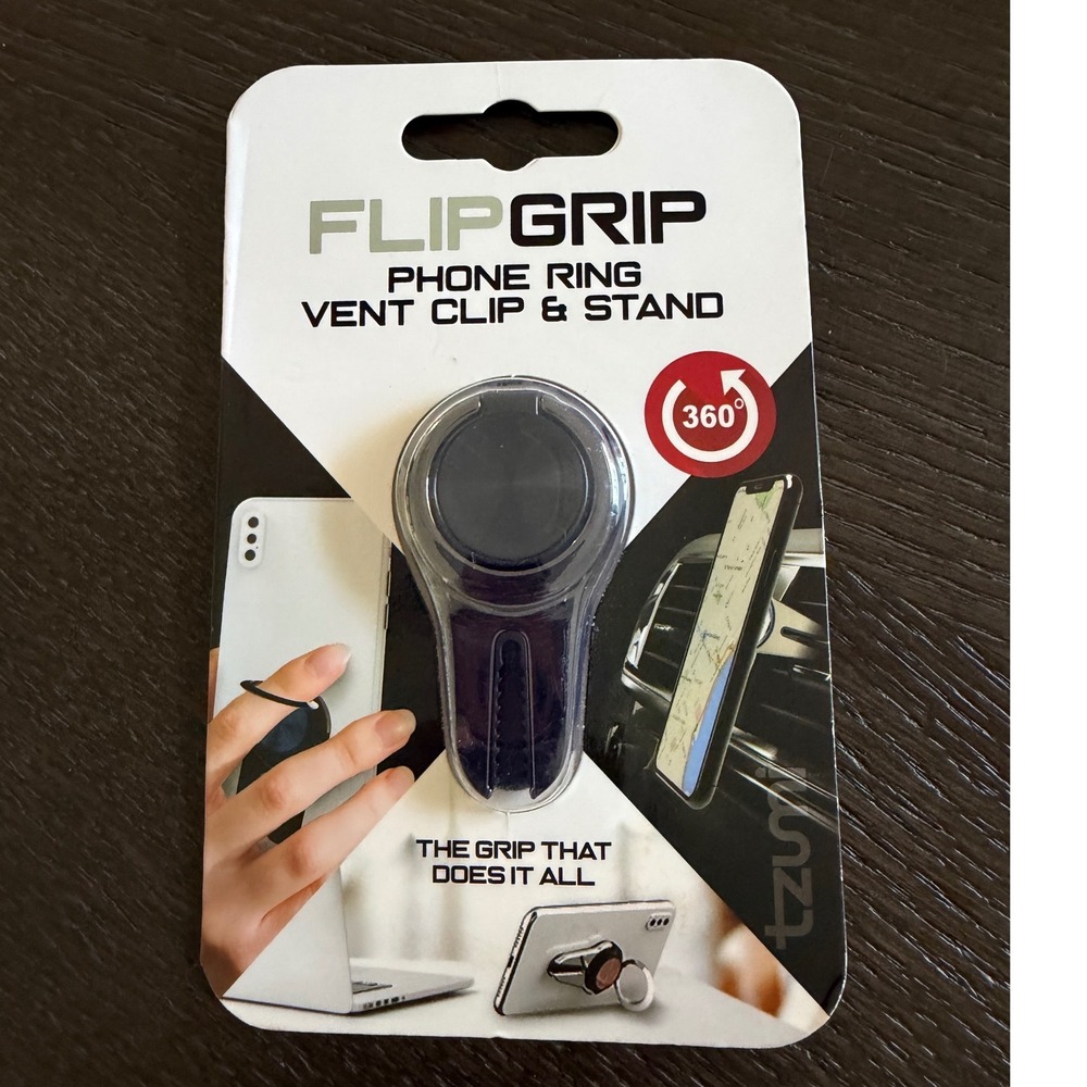 Tzumi Flip Grip 3-in-1 Phone Ring Vent Clip and Kickstand Black 6825 BLK NEW